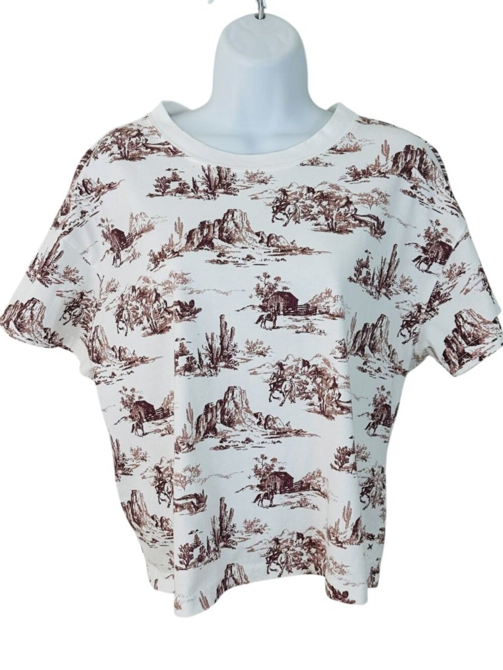 Scotch & Soda Women's Size M Western Print Cropped Boxy Whtie Brown T-Shirt